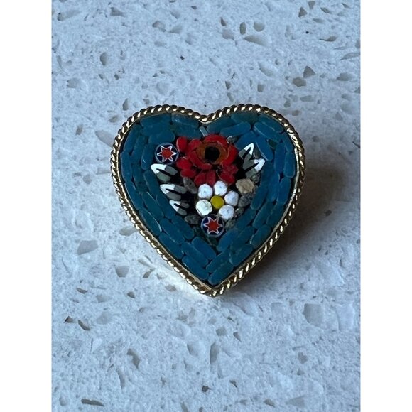 Heart-Shaped Italian Micro Mosaic Pin Brooch Gold-Tone Floral Design - Picture 1 of 8